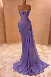 Dreamyannie Purple Prom Dress Mermaid Sweetheart Spaghetti Strap Beaded Sleeveless Chiffon Formal Dress