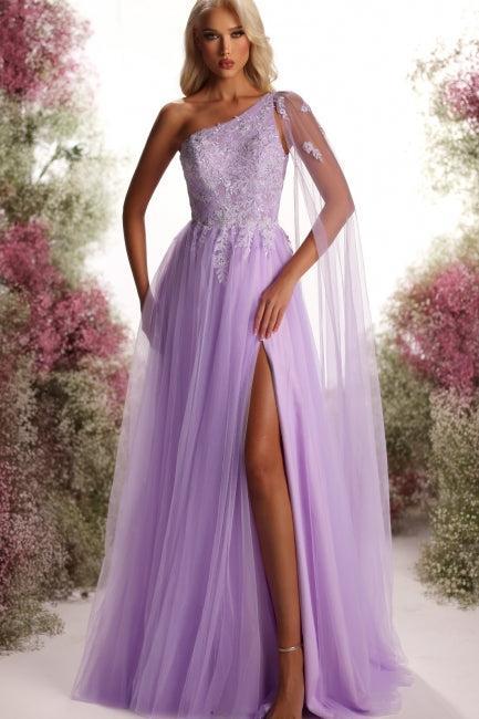 Dreamyannie Purple Prom Dress One Shoulder A Line Cap Sleeve Slit Tulle Formal Dress With Appliques