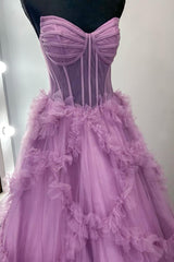 Dreamyannie Purple Prom Dress Ruffled A-Line Strapless Long Formal Dress