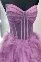 Dreamyannie Purple Prom Dress Ruffled A-Line Strapless Long Formal Dress