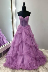 Dreamyannie Purple Prom Dress Ruffled A-Line Strapless Long Formal Dress