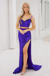 Dreamyannie Purple Prom Dress Spaghetti Straps Mermaid Two-Piece Formal Dress With Slit