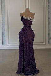 Dreamyannie Purple Prom Dress Strapless Sequined Beading Formal Dress With Slit
