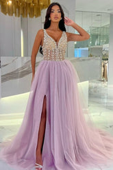 Dreamyannie Purple Prom Dress V Neck A Line Spaghetti Strap Beaded Sleeveless Tulle Formal Dress With Rhinestone
