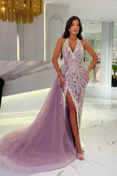 Dreamyannie Purple Prom Dress V Neck Halter Sleeveless Panel Train Slit Tulle Formal Dress With Appliques