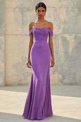 Dreamyannie Purple Wedding Guest Dress Mermaid Off The Shoulder Long Formal Dress With Ruch