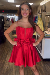 Dreamyannie Red A Line Homecoming Dresses Satin Short Corset Cocktail Dresses With Bows