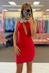 Dreamyannie Red One Shoulder Tight Homecoming Dresses Short Cocktail Dresses With Rhinestone