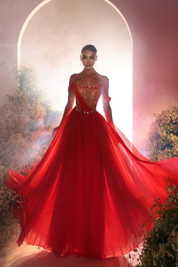 Dreamyannie Red Prom Dress A Line Off The Shoulder Chiffon Beading Formal Dress