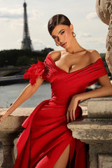 Dreamyannie Red Prom Dress A Line Off The Shoulder Formal Dress With Slit