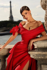 Dreamyannie Red Prom Dress A Line Off The Shoulder Formal Dress With Slit