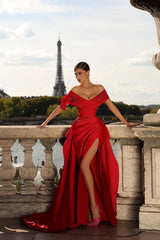 Dreamyannie Red Prom Dress A Line Off The Shoulder Formal Dress With Slit