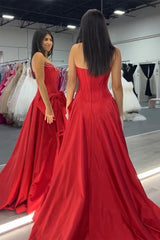 Dreamyannie Red Prom Dress A-Line Strapless Beaded Long Formal Dress With Slit