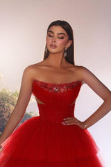 Dreamyannie Red Prom Dress A Line Strapless Sequined Sleeveless Floor Length Tulle Formal Dress With Rhinestone