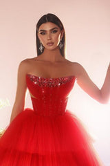 Dreamyannie Red Prom Dress A Line Strapless Sequined Sleeveless Floor Length Tulle Formal Dress With Rhinestone