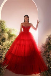 Dreamyannie Red Prom Dress A Line Strapless Sequined Sleeveless Floor Length Tulle Formal Dress With Rhinestone