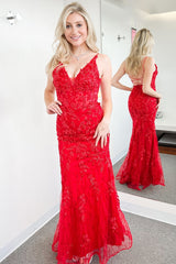 Dreamyannie Red Prom Dress Appliqued Mermaid Formal Dress With Slit