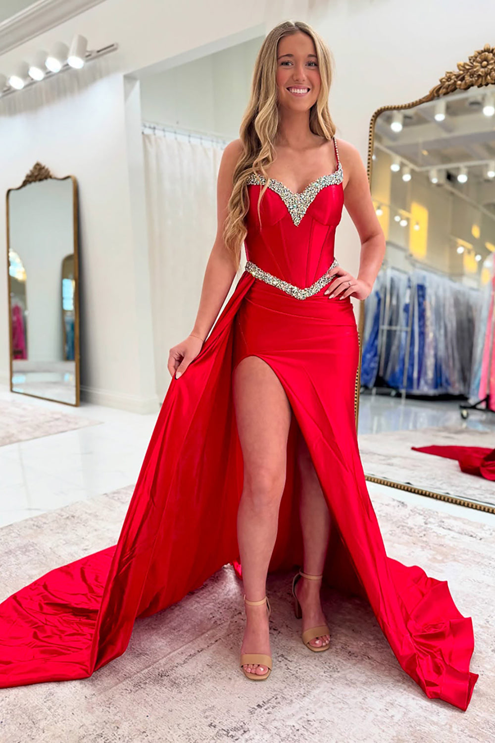 Dreamyannie Red Prom Dress Corset Beaded Long Formal Dress With Slit