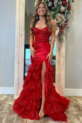 Dreamyannie Red Prom Dress Floor Length Ruffled Formal Dress With Slit