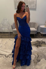 Dreamyannie Red Prom Dress Lace Ruffled Formal Dress With Slit