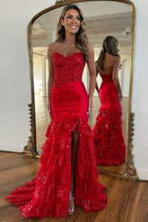 Dreamyannie Red Prom Dress Lace Ruffled Formal Dress With Slit