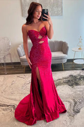 Dreamyannie Red Prom Dress Mermaid Hollow Out Sweetheart Formal Dress With Slit