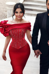 Dreamyannie Red Prom Dress Mermaid Off The Shoulder Sequined Beading Formal Dress With Lace