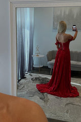 Dreamyannie Red Prom Dress Pleated A Line Formal Dress With Slit