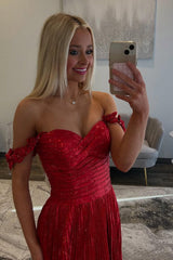 Dreamyannie Red Prom Dress Pleated A Line Formal Dress With Slit