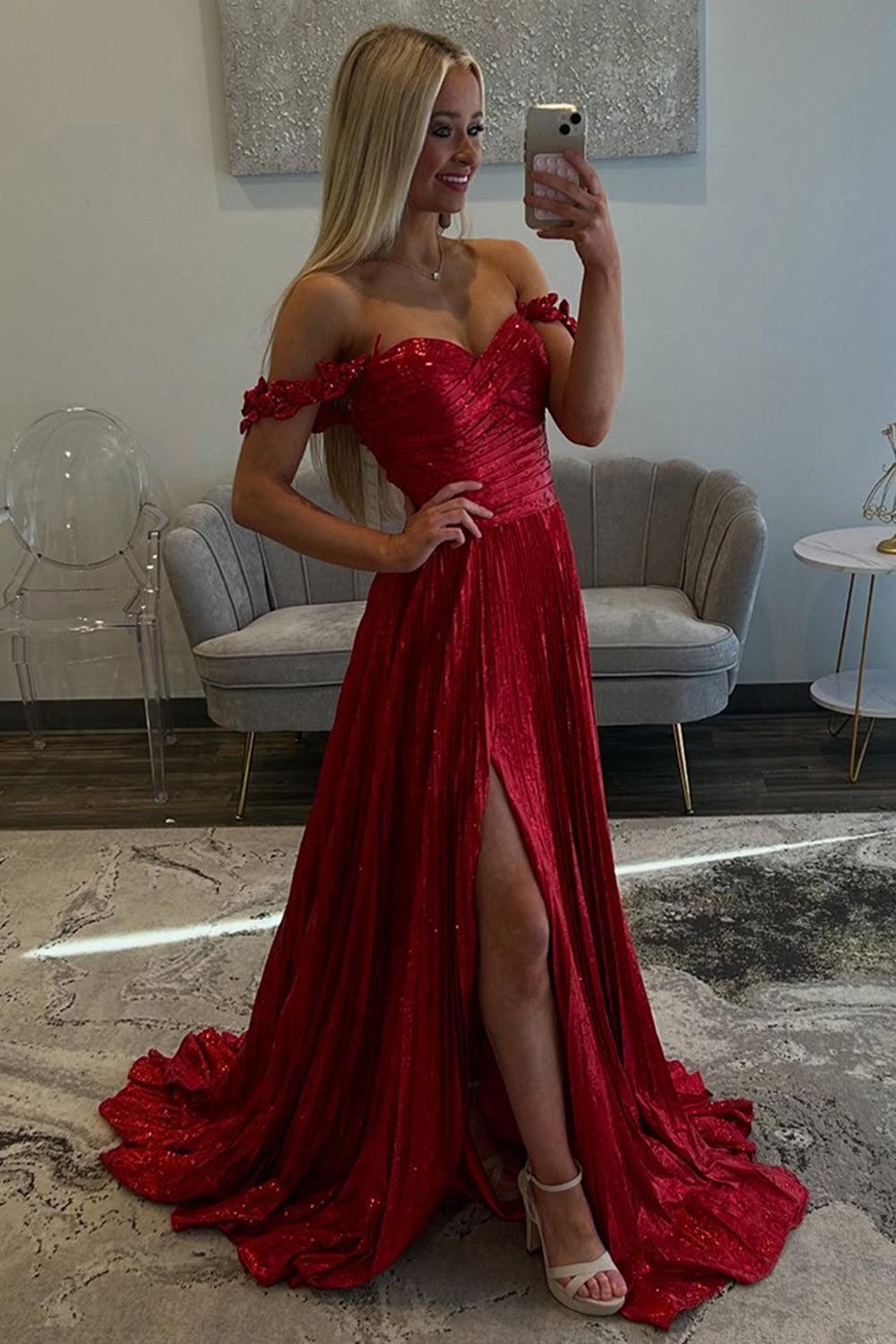 Dreamyannie Red Prom Dress Pleated A Line Formal Dress With Slit