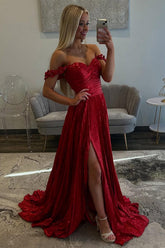 Dreamyannie Red Prom Dress Pleated A Line Formal Dress With Slit