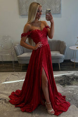 Dreamyannie Red Prom Dress Pleated A Line Formal Dress With Slit