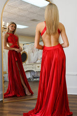 Dreamyannie Red Prom Dress Pleated A Line Halter Long Formal Dress With Slit
