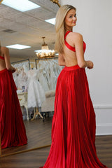 Dreamyannie Red Prom Dress Pleated A Line Halter Long Formal Dress With Slit