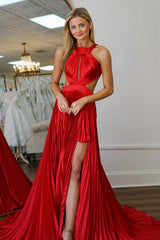 Dreamyannie Red Prom Dress Pleated A Line Halter Long Formal Dress With Slit