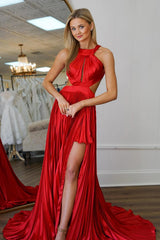 Dreamyannie Red Prom Dress Pleated A Line Halter Long Formal Dress With Slit