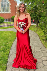 Dreamyannie Red Prom Dress Ruche Satin Mermaid Spaghetti Straps Long Formal Dress