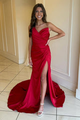 Dreamyannie Red Prom Dress Ruched Mermaid One Shoulder Long Formal Dress With Slit