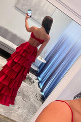 Dreamyannie Red Prom Dress Ruffled Ruched Satin A Line Long Formal Dress With Slit