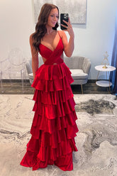 Dreamyannie Red Prom Dress Ruffled Ruched Satin A Line Long Formal Dress With Slit