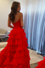 Dreamyannie Red Prom Dress Ruffled Sweetheart A Line Chiffon Formal Dress With Lace