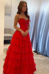 Dreamyannie Red Prom Dress Ruffled Sweetheart A Line Chiffon Formal Dress With Lace