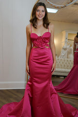 Dreamyannie Red Prom Dress Satin Mermaid Long Formal Dress With Ruffles