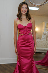 Dreamyannie Red Prom Dress Satin Mermaid Long Formal Dress With Ruffles