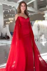 Dreamyannie Red Prom Dress Sheath Long Off The Shoulder Formal Dress With Cape Sleeves
