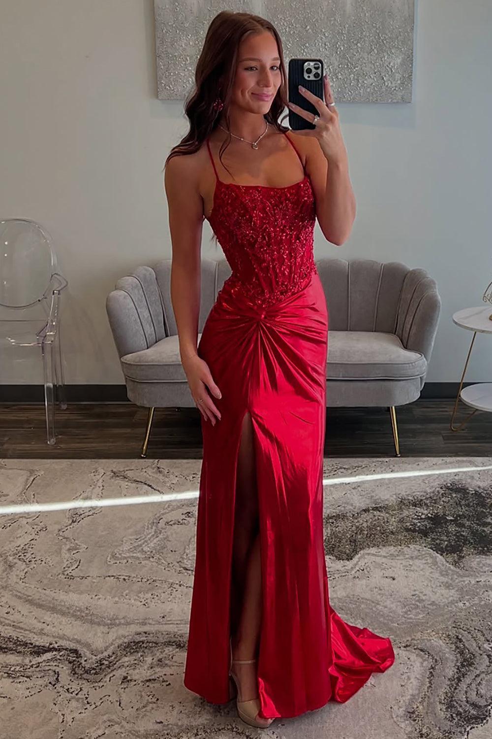 Dreamyannie Red Prom Dress Spaghetti Straps Ruhed Long Lace Formal Dress With Appliques