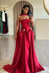 Dreamyannie Red Prom Dress Strapless A Line Sleeveless Floor Length Satin Simple Formal Dress With Sash