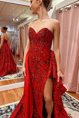 Dreamyannie Red Prom Dress Sweetheart A Line Long Formal Dress With Slit