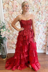Dreamyannie Red Prom Dress Tiered Ruched Sequins Mermaid Long Formal Dress With Slit