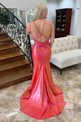 Dreamyannie Red Prom Dress V-Neck Beaded Mermaid Spaghetti Straps Long Formal Dress